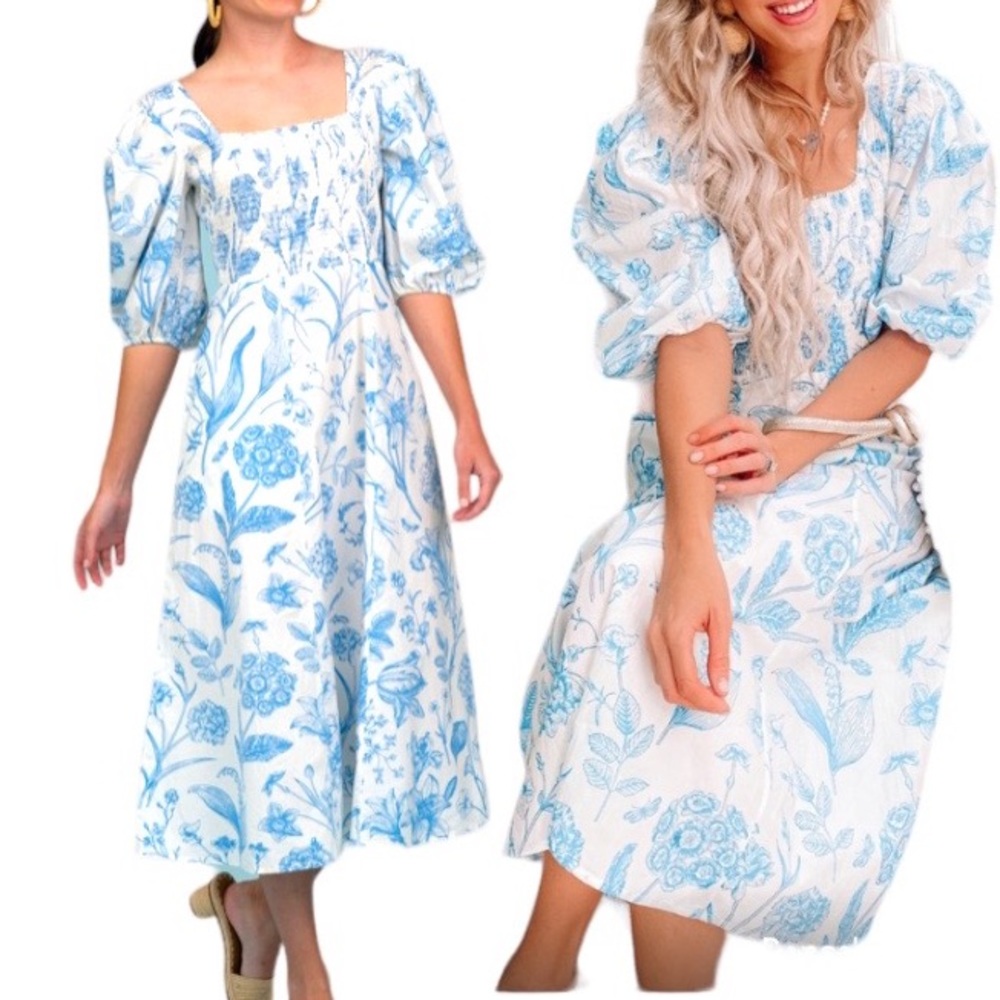 Blue Floral Puff-Sleeve Midi Dress